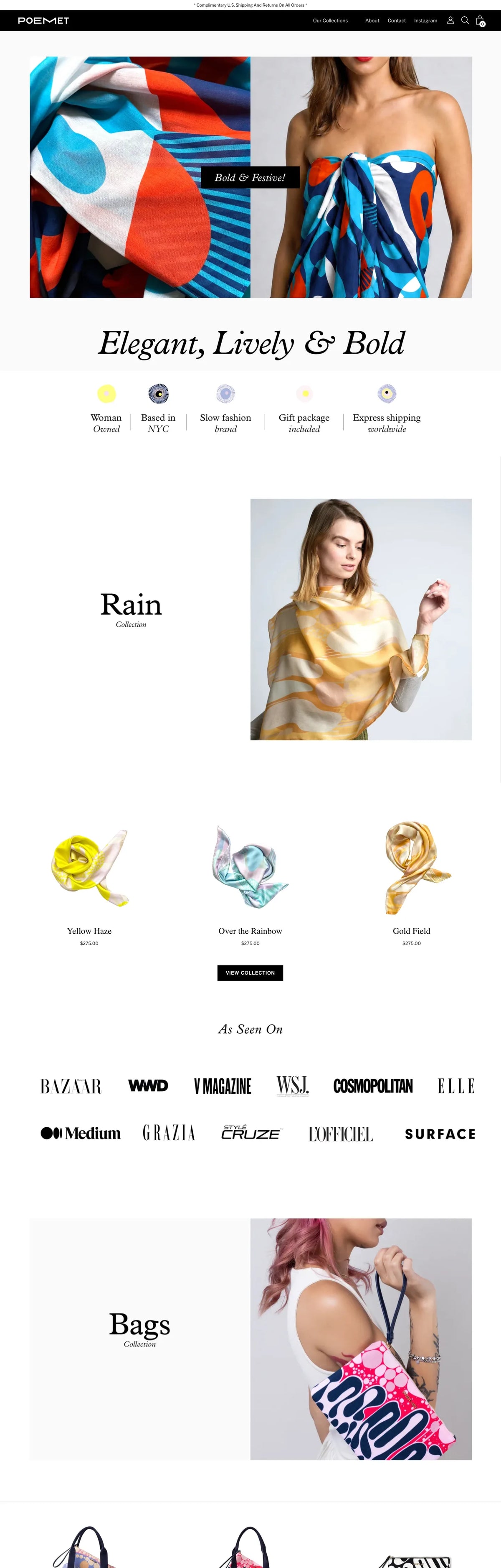 POEMET — homepage of the silk scarf store, Shopify tracking audit by Mildevs