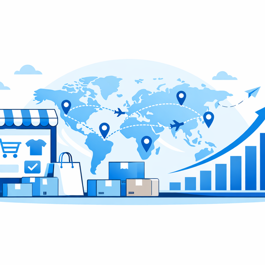 Illustration of a Shopify dropshipping storefront with global shipping routes and sales growth