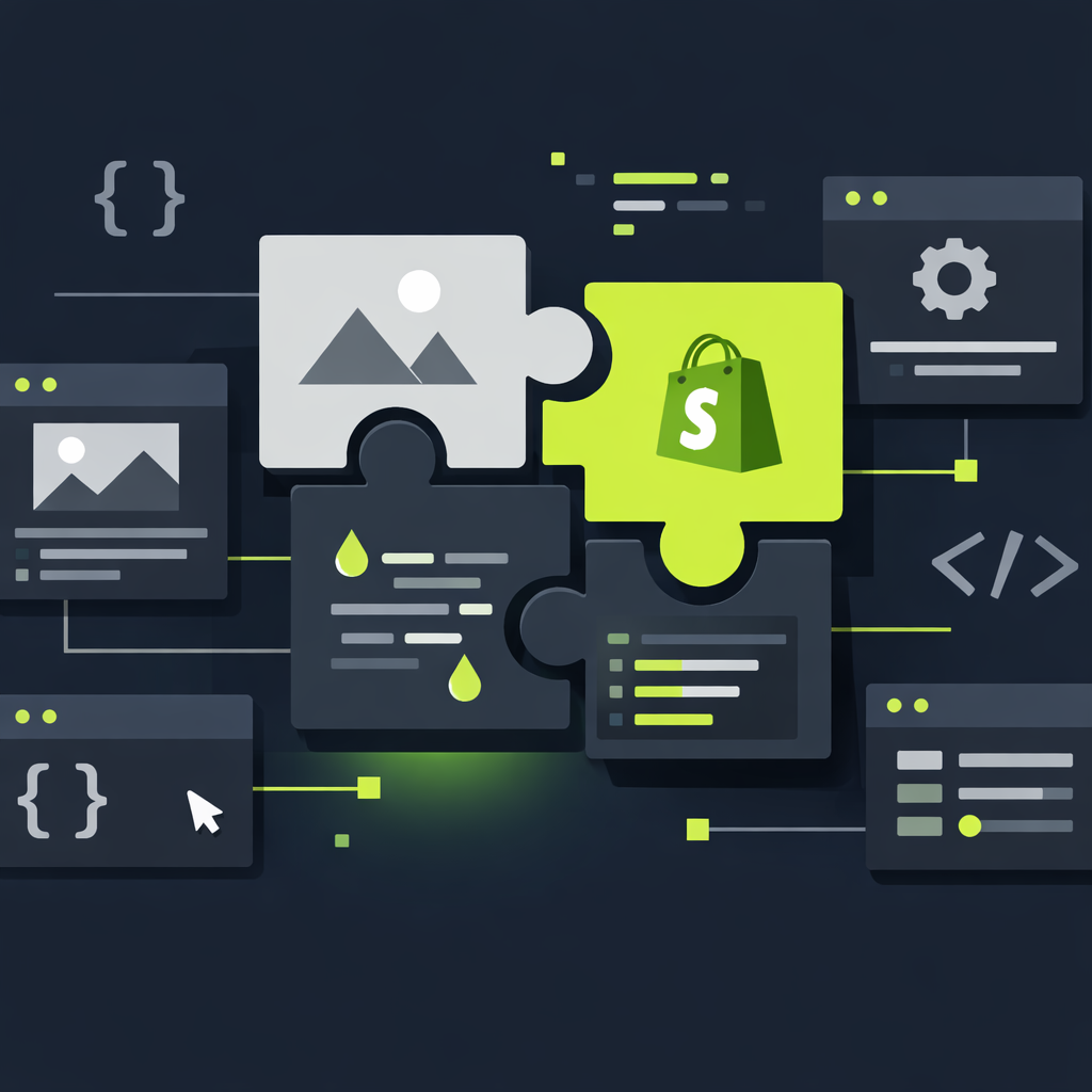 Modular Shopify Liquid code blocks and partials snapping together, illustrating theme block architecture