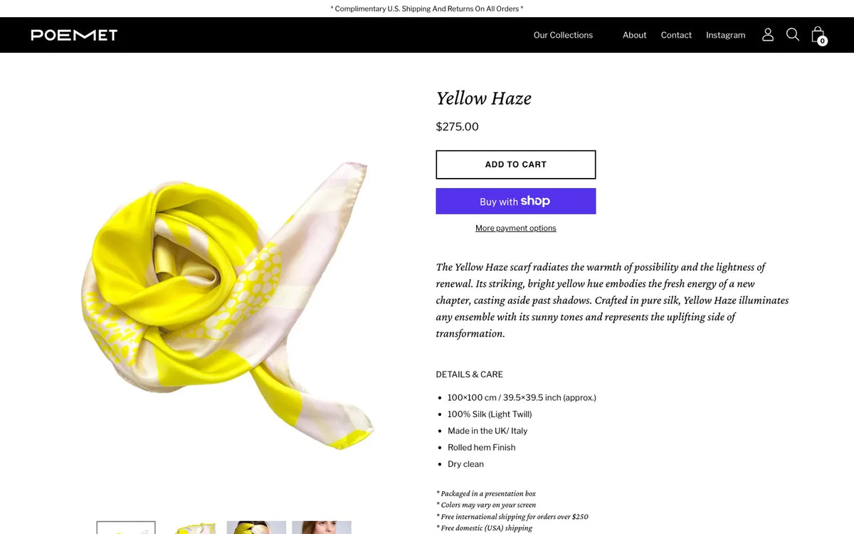 POEMET — Yellow Haze silk scarf product page, Shopify tracking audit by Mildevs