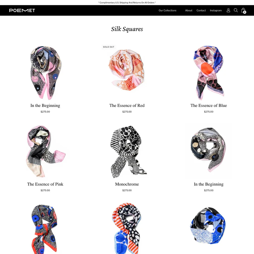 POEMET — Silk Squares collection page, Shopify tracking audit by Mildevs, Shopify store by Mildevs