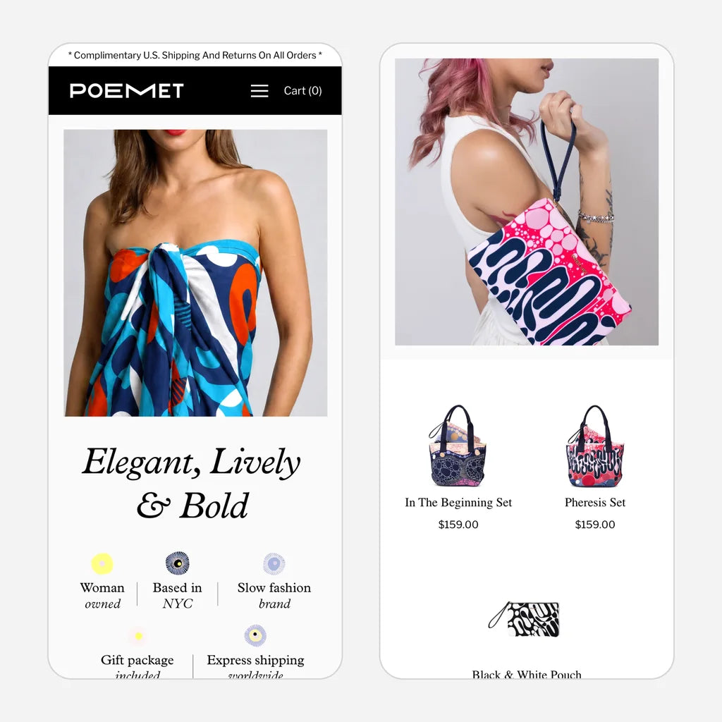POEMET — mobile homepage and bags collection, Shopify tracking audit by Mildevs, Shopify store by Mildevs